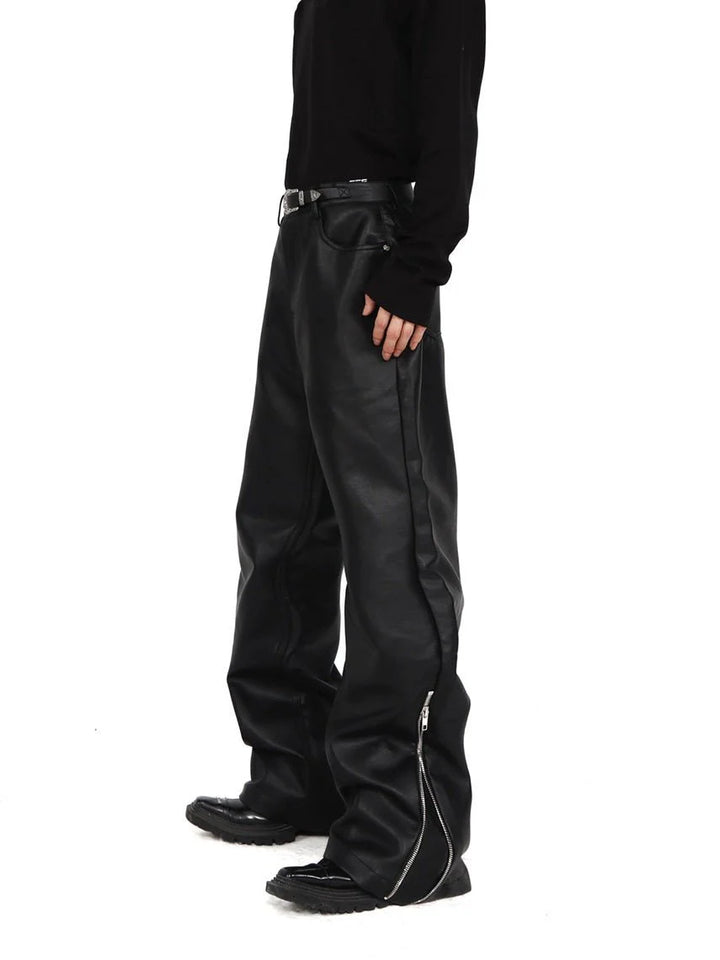 Chic Faux Leather Wide - Leg Pants with Zipper Split and Metal Buckle - ArguE CulturE