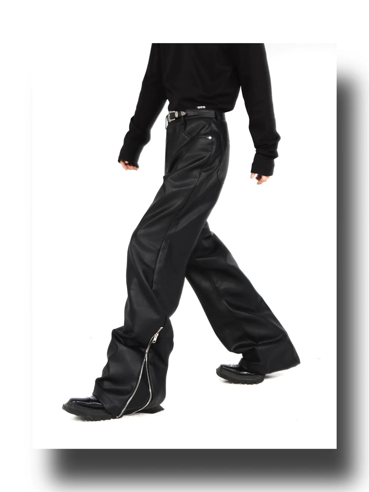 Chic Faux Leather Wide - Leg Pants with Zipper Split and Metal Buckle - ArguE CulturE