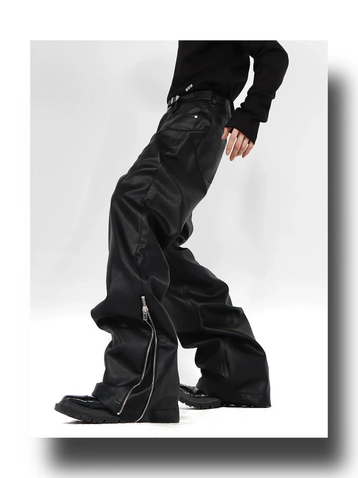 Chic Faux Leather Wide - Leg Pants with Zipper Split and Metal Buckle - ArguE CulturE