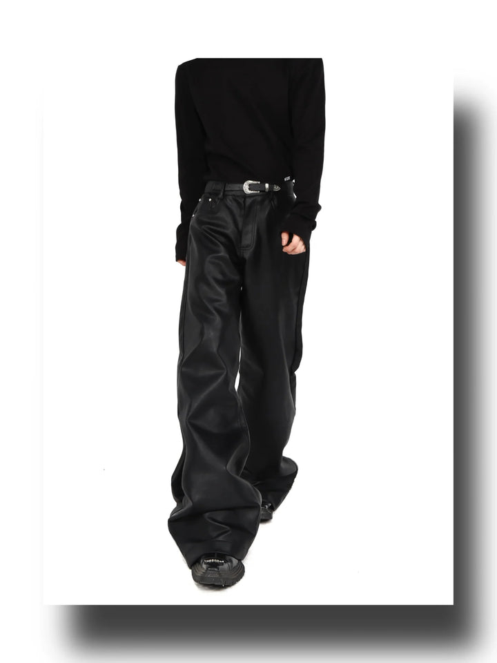 Chic Faux Leather Wide - Leg Pants with Zipper Split and Metal Buckle - ArguE CulturE