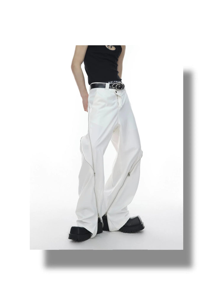 Chic White Wide Leg Trousers with Spliced Zipper Detail and Split Hem - ArguE CulturE