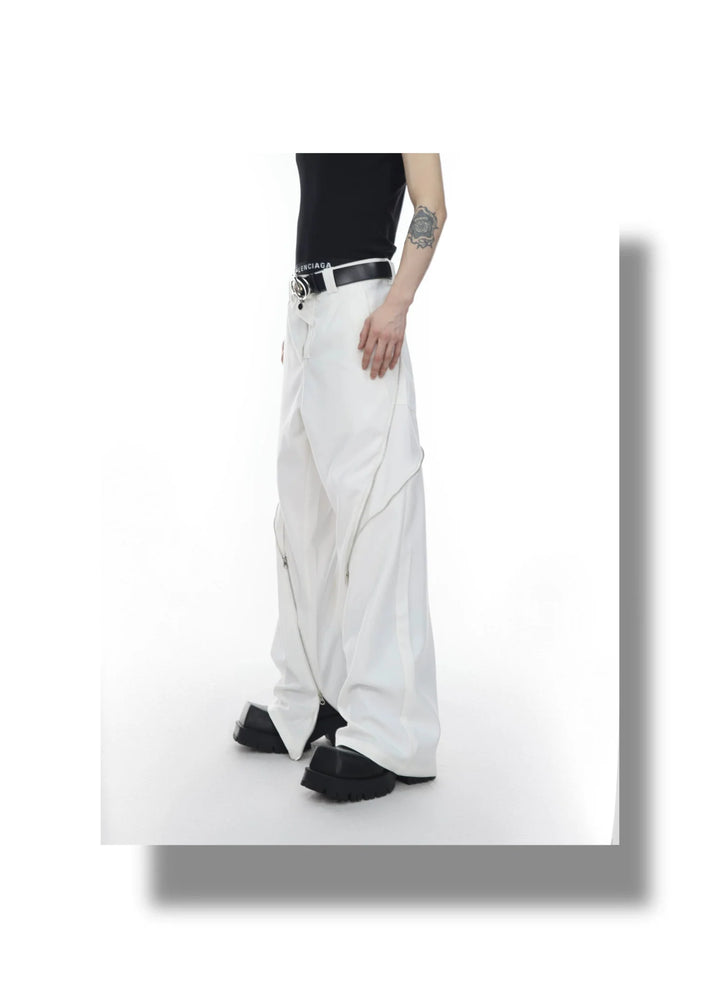 Chic White Wide Leg Trousers with Spliced Zipper Detail and Split Hem - ArguE CulturE