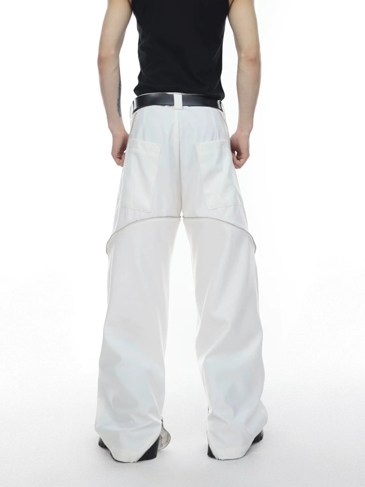 Chic White Wide Leg Trousers with Spliced Zipper Detail and Split Hem - ArguE CulturE