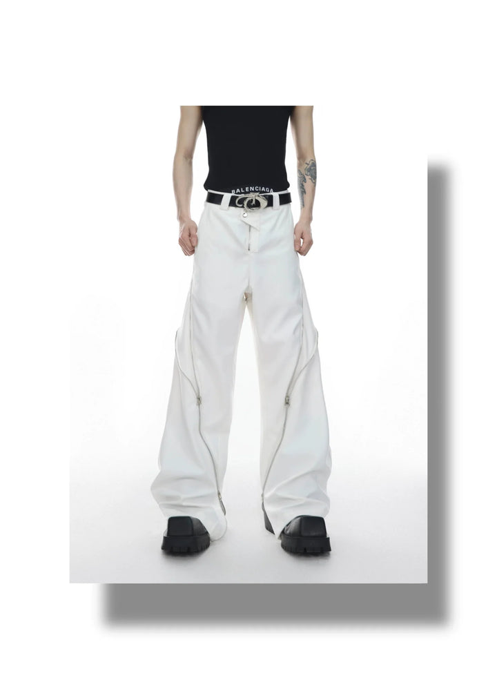 Chic White Wide Leg Trousers with Spliced Zipper Detail and Split Hem - ArguE CulturE