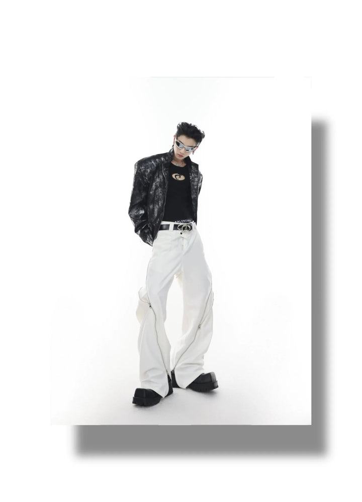 Chic White Wide Leg Trousers with Spliced Zipper Detail and Split Hem - ArguE CulturE