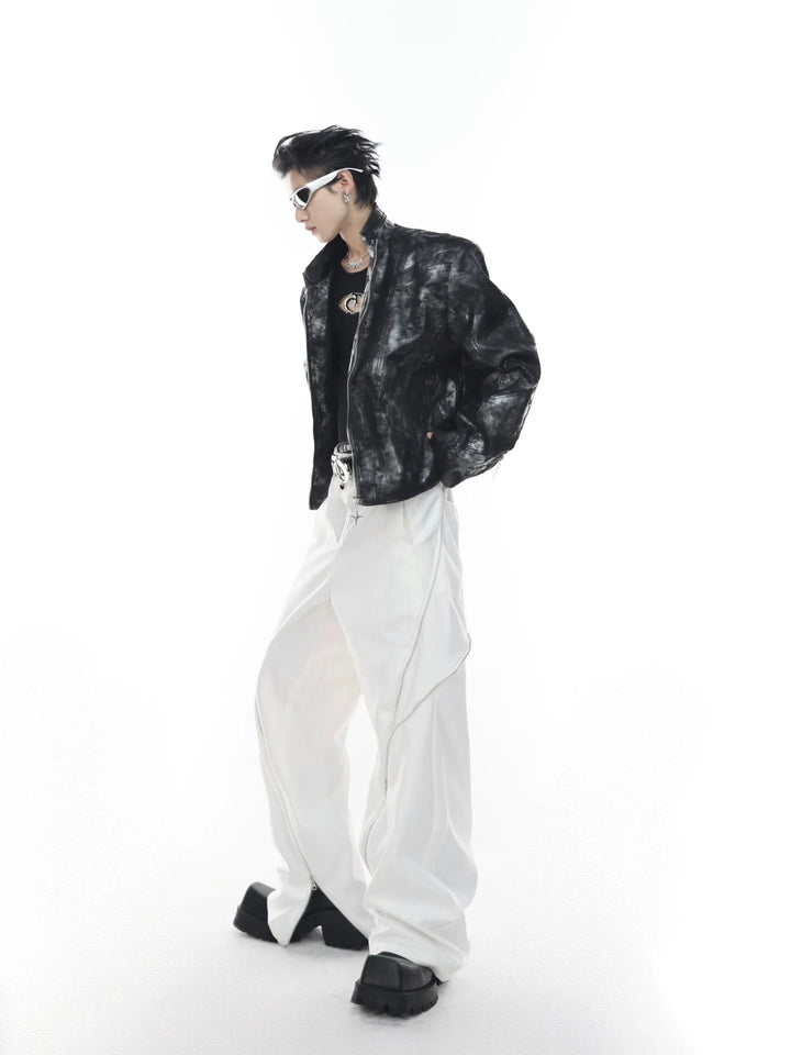 Chic White Wide Leg Trousers with Spliced Zipper Detail and Split Hem - ArguE CulturE