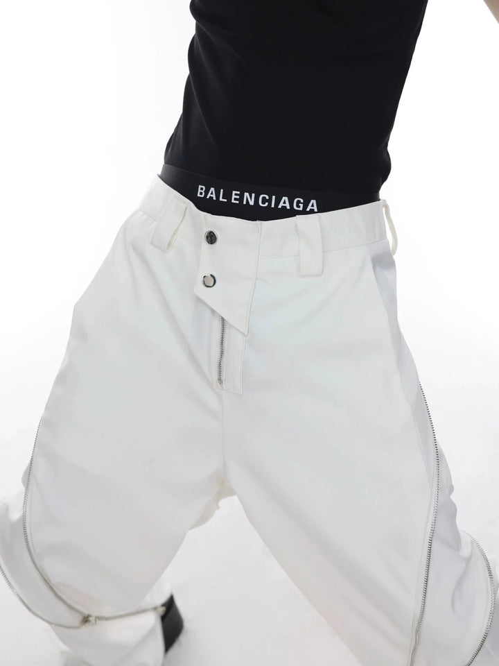 Chic White Wide Leg Trousers with Spliced Zipper Detail and Split Hem - ArguE CulturE