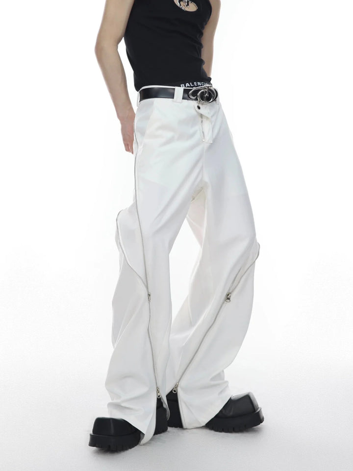 Chic White Wide Leg Trousers with Spliced Zipper Detail and Split Hem - ArguE CulturE