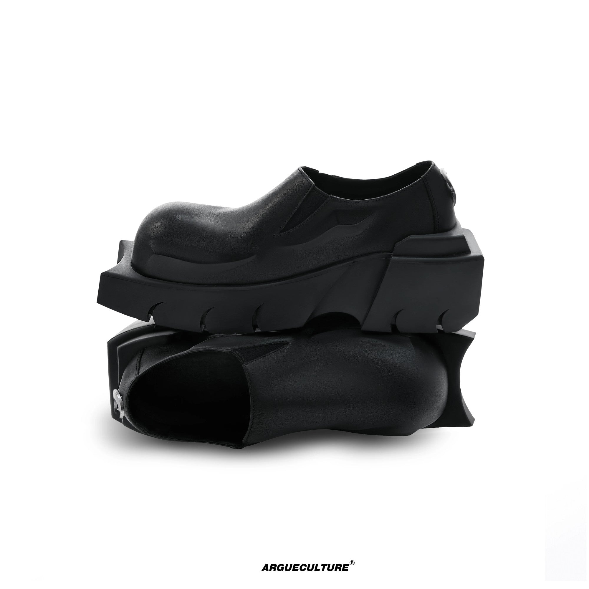 Side profile of techwear inspired leather shoes with armor detailing