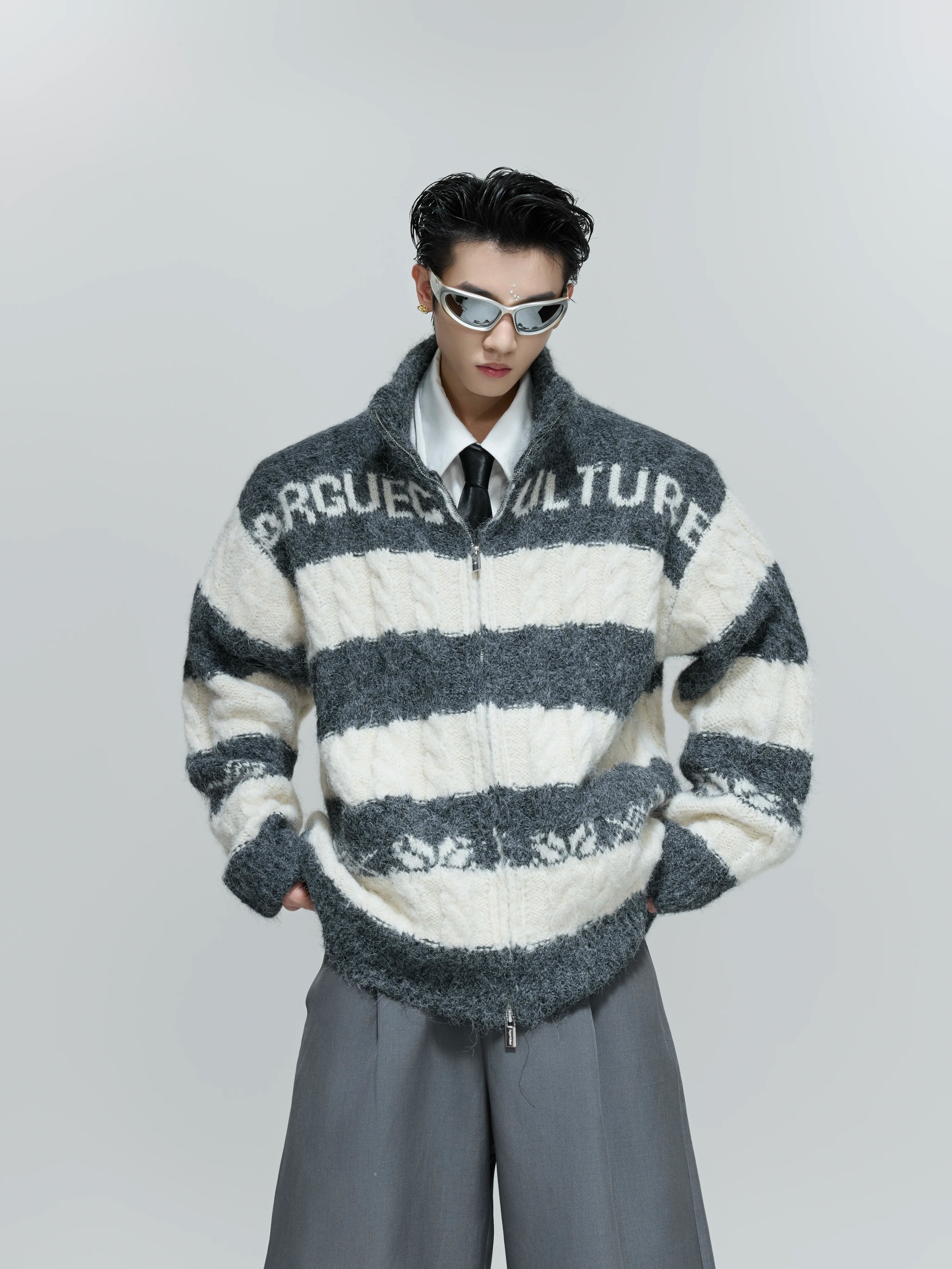 chunky-knit-contrast-zip-cardigan-loose-streetwear-black