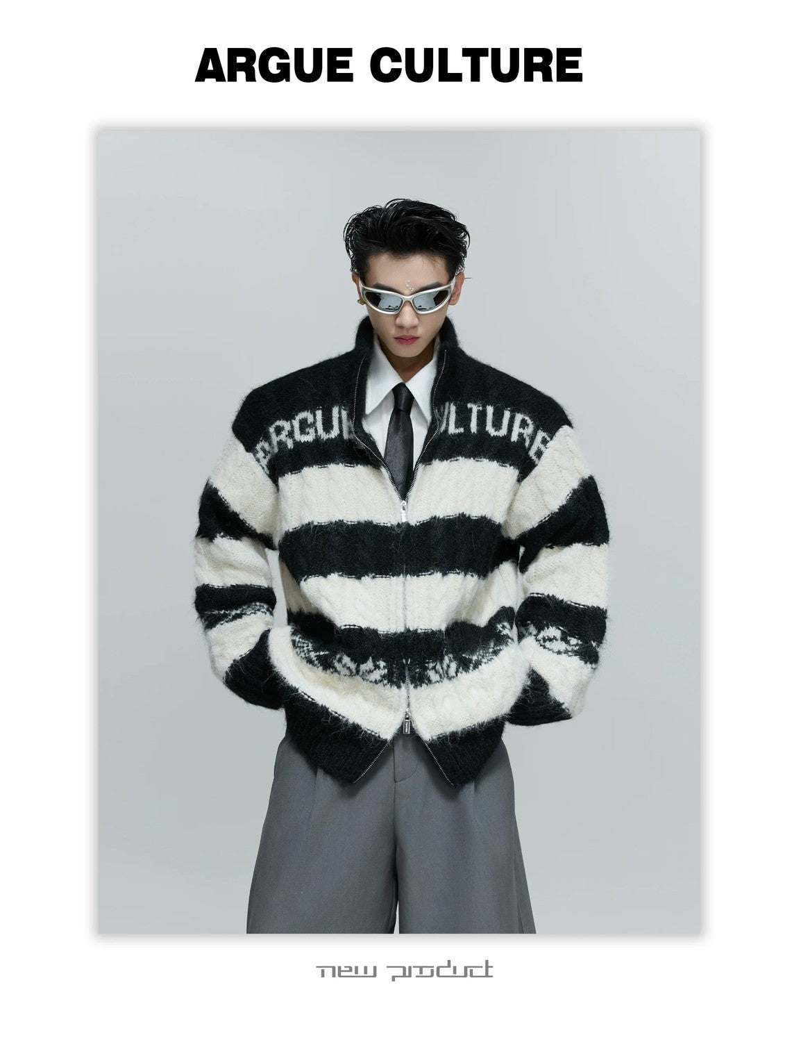 desc::chunky-knit-contrast-zip-cardigan-loose-streetwear-detail-img-1