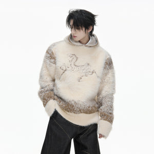 White cloud gradient knit hoodie with premium mink texture