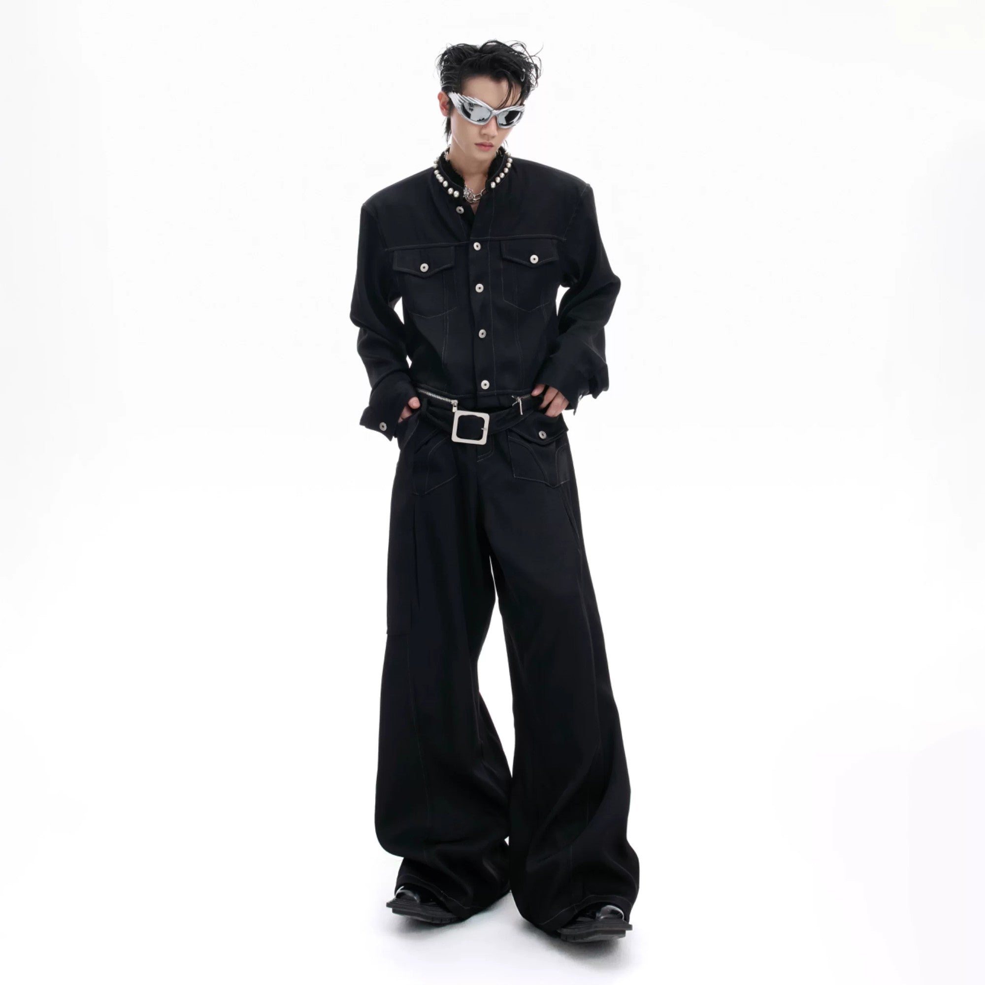 Matching wide-leg baggy denim pants in deep coffee brown.