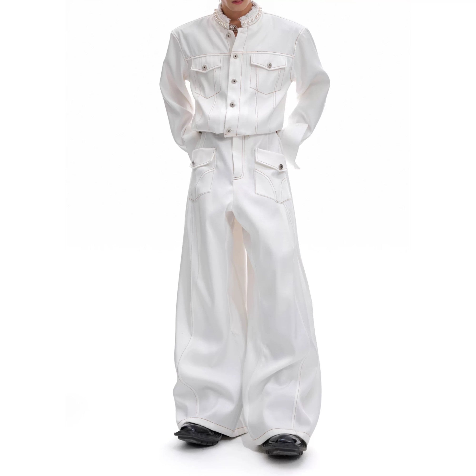 Back view showing the boxy fit and clean silhouette of the jacket.