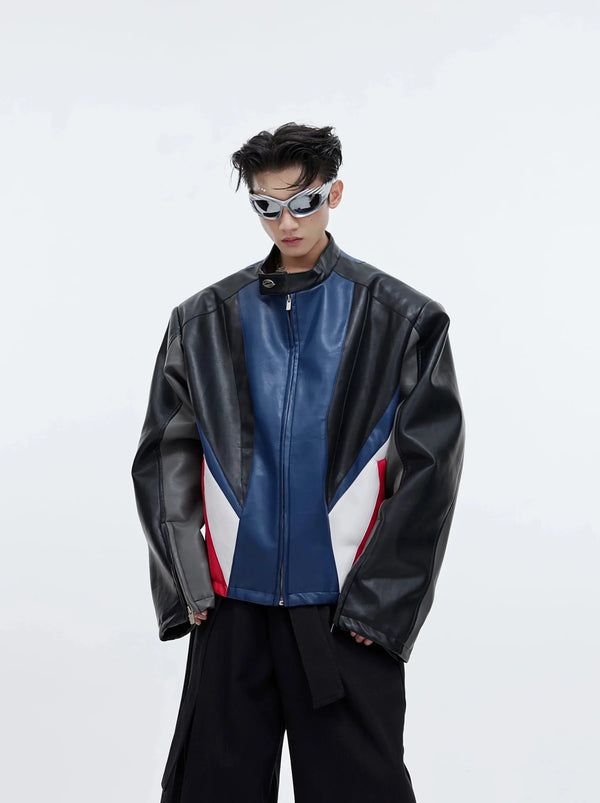 Color - Block Biker Faux Leather Jacket | Padded Shoulder Short Coat - ArguE CulturE