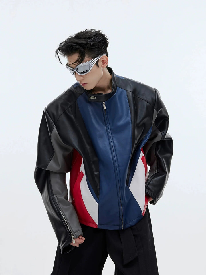 Color - Block Biker Faux Leather Jacket | Padded Shoulder Short Coat - ArguE CulturE