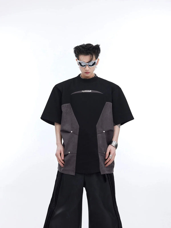 Color Block Spliced Shoulder Pad Short Sleeve T - Shirt with 3D Pleated - ArguE CulturE