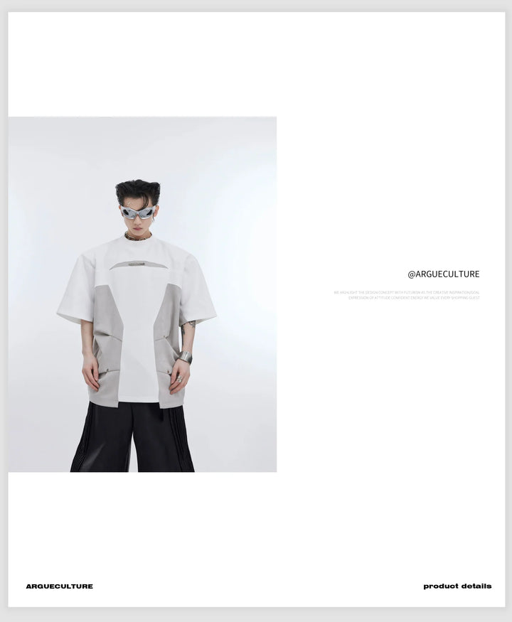 Color Block Spliced Shoulder Pad Short Sleeve T - Shirt with 3D Pleated - ArguE CulturE