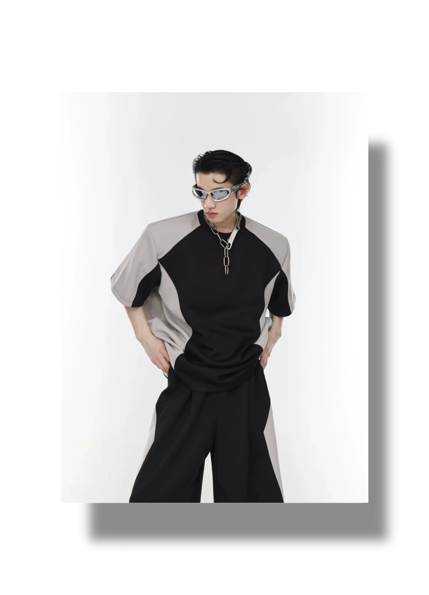 Color Blocking Shoulder Pad Short Sleeve Casual T - Shirt and Sports Set - ArguE CulturE