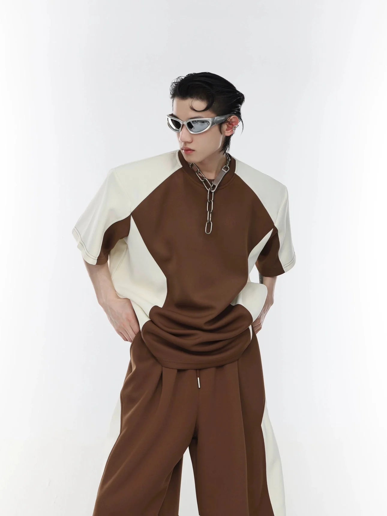 Color Blocking Shoulder Pad Short Sleeve Casual T - Shirt and Sports Set - ArguE CulturE