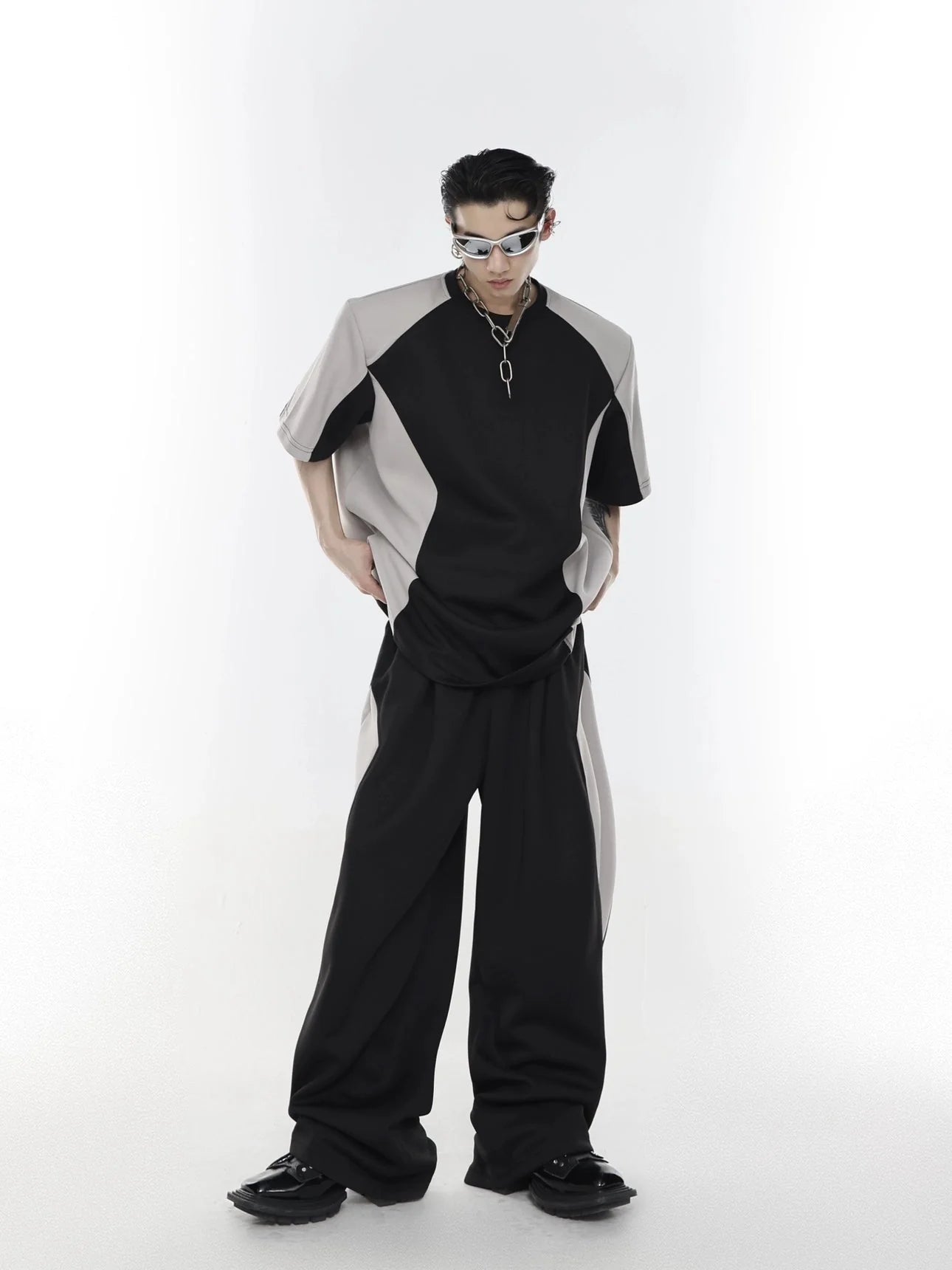Color Blocking Shoulder Pad Short Sleeve Casual T - Shirt and Sports Set - ArguE CulturE