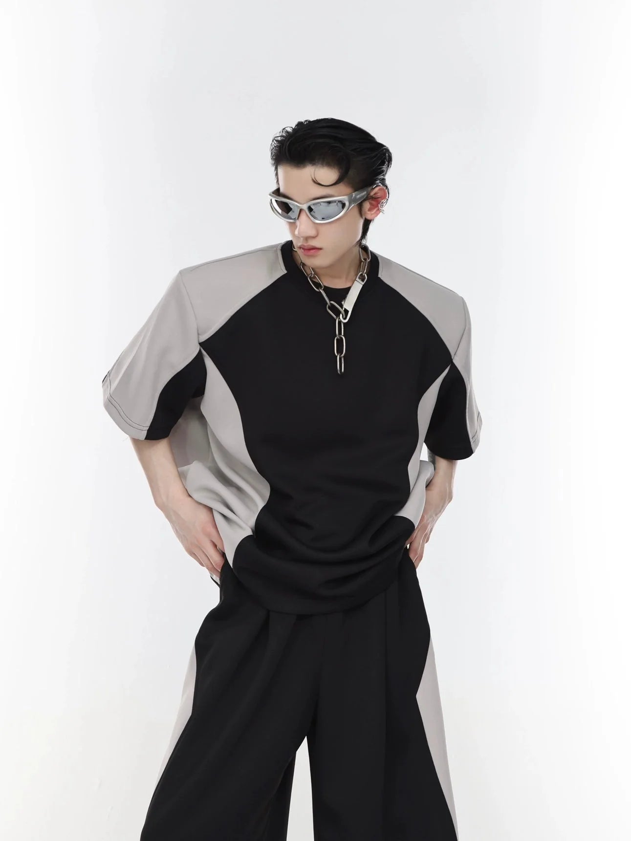 Color Blocking Shoulder Pad Short Sleeve Casual T - Shirt and Sports Set - ArguE CulturE