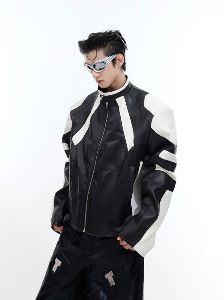 Contrast Patchwork Leather Jacket | Embossed Biker Gear for Men - ArguE CulturE