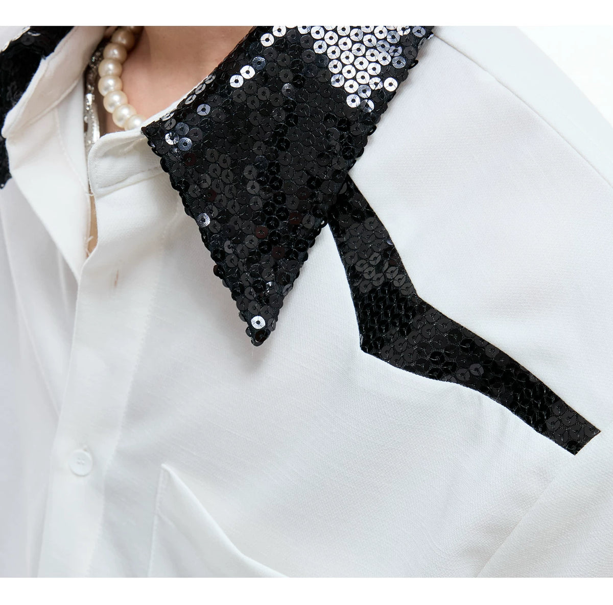 Contrast Sequin Panel Shirt in Blue and White - detail image 9