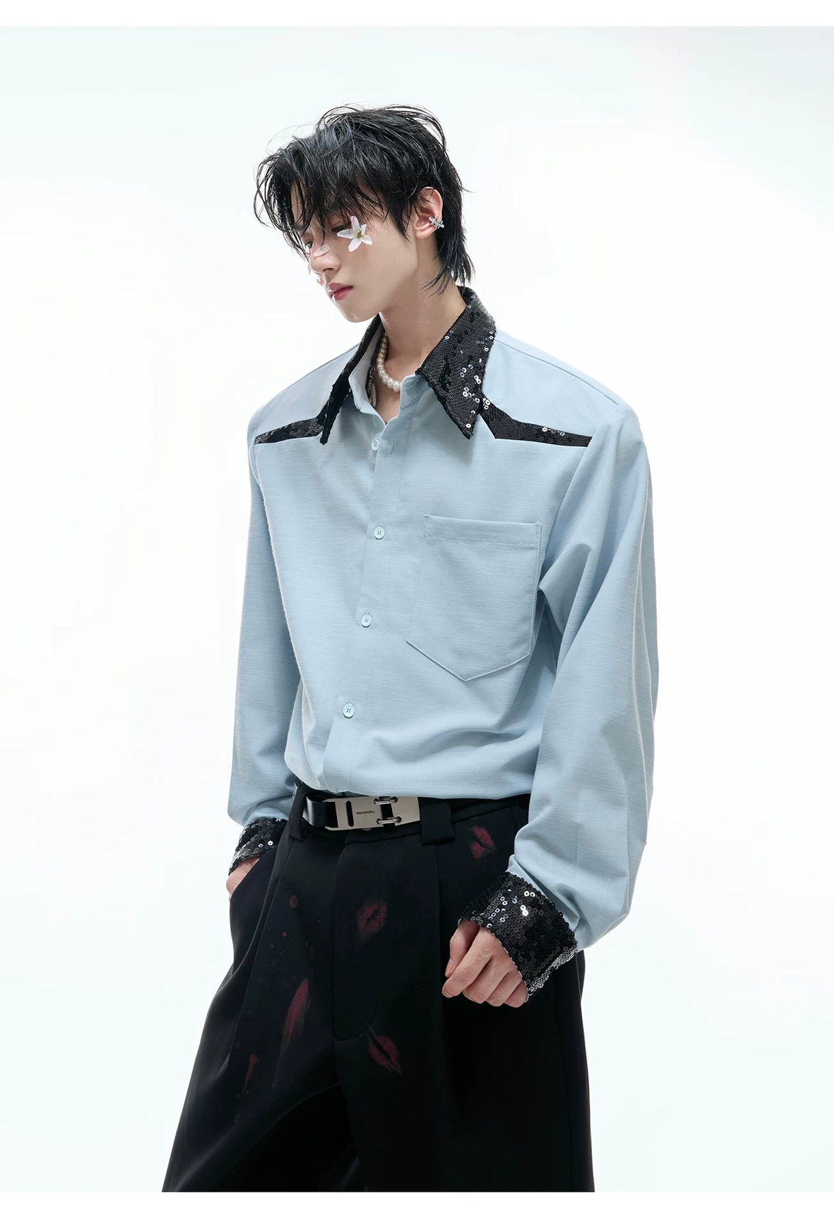 Contrast Sequin Panel Shirt in Blue and White - detail image 7