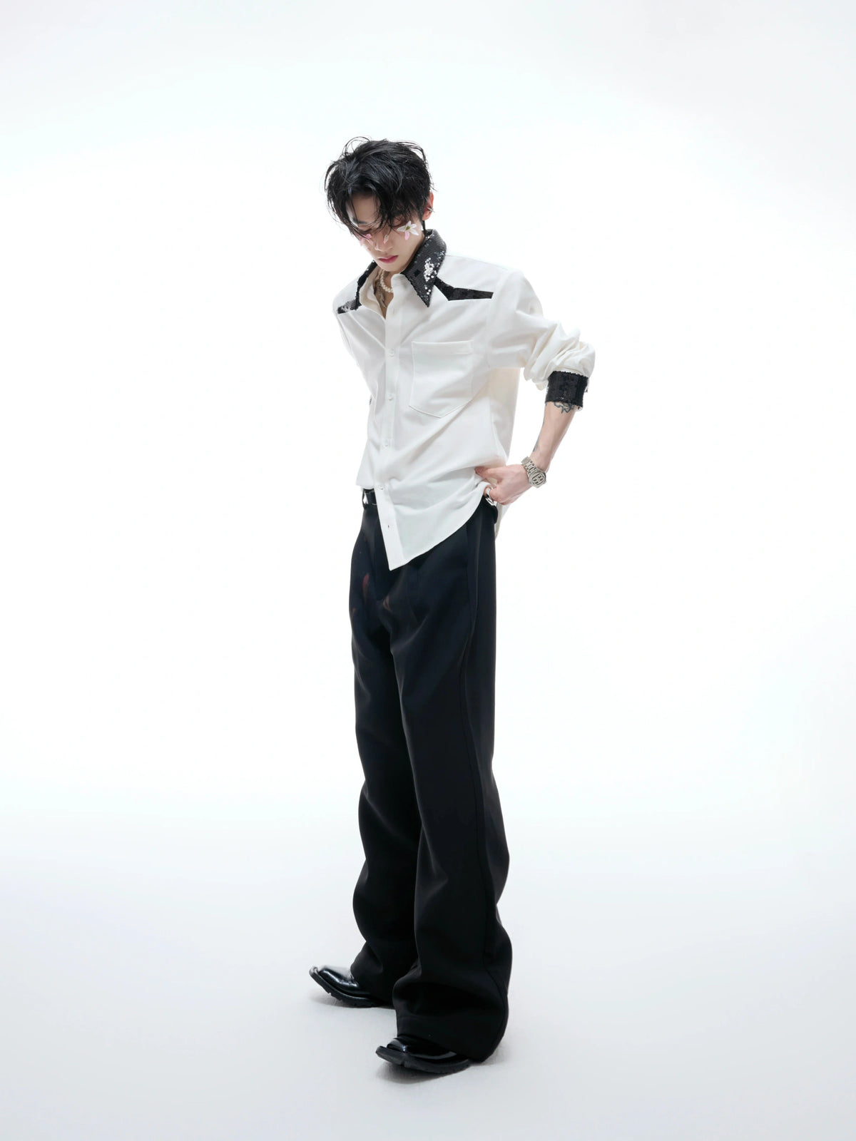 Contrast Sequin Panel Shirt in Blue and White - main image 5