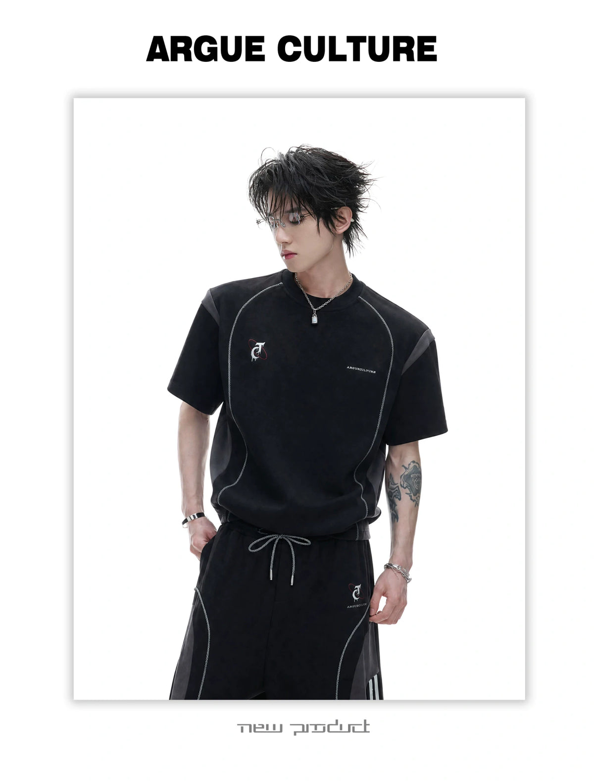 Contrast-Stitched Tee & Straight Pants Set in Black - detail image 5