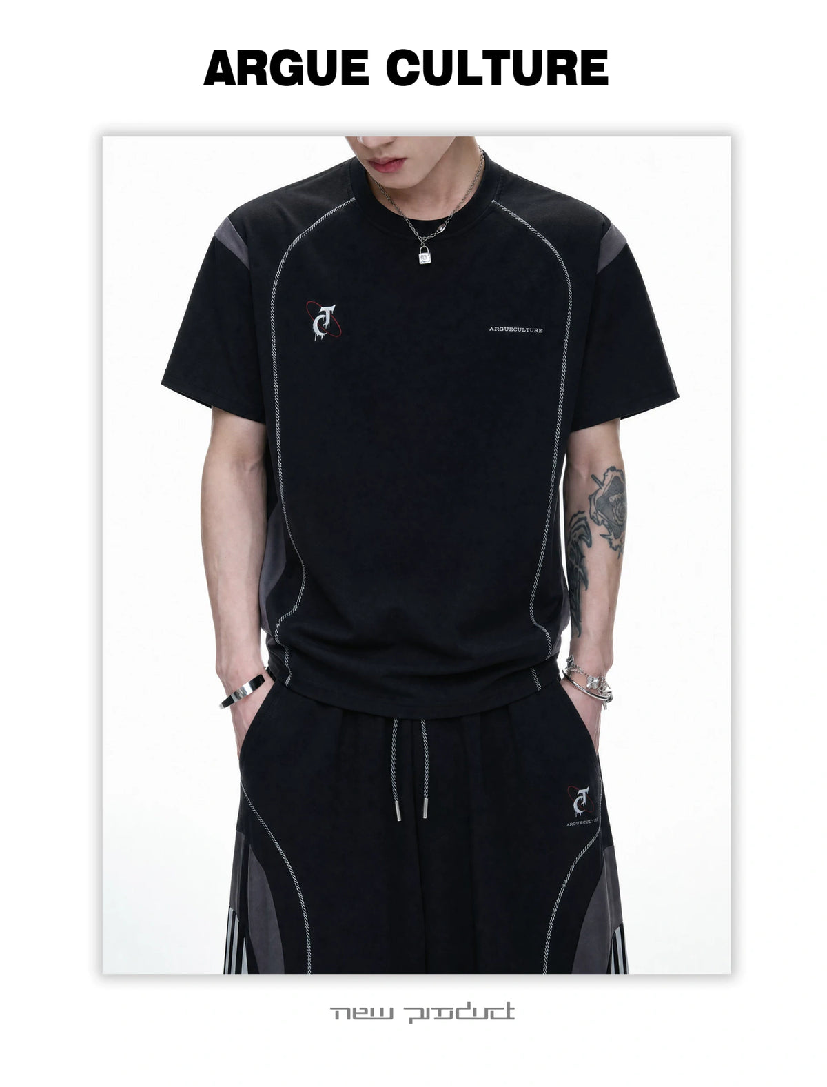 Contrast-Stitched Tee & Straight Pants Set in Black - detail image 6