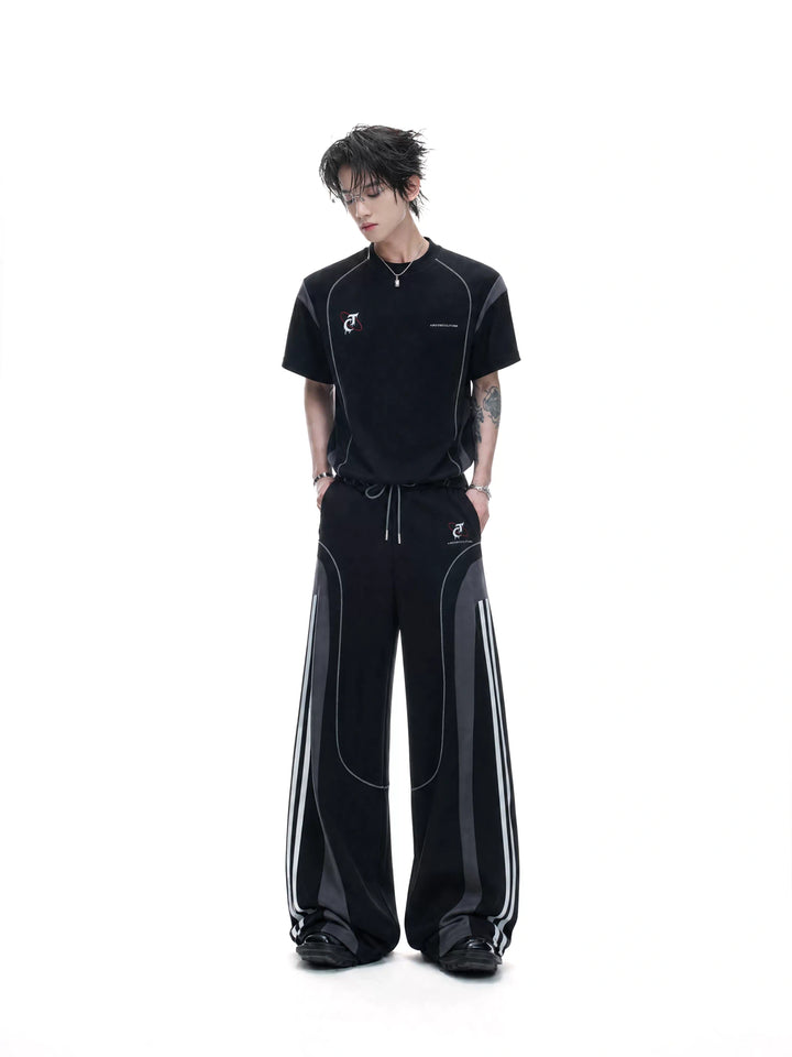 Contrast-Stitched Tee & Straight Pants Set in Black - main image 1