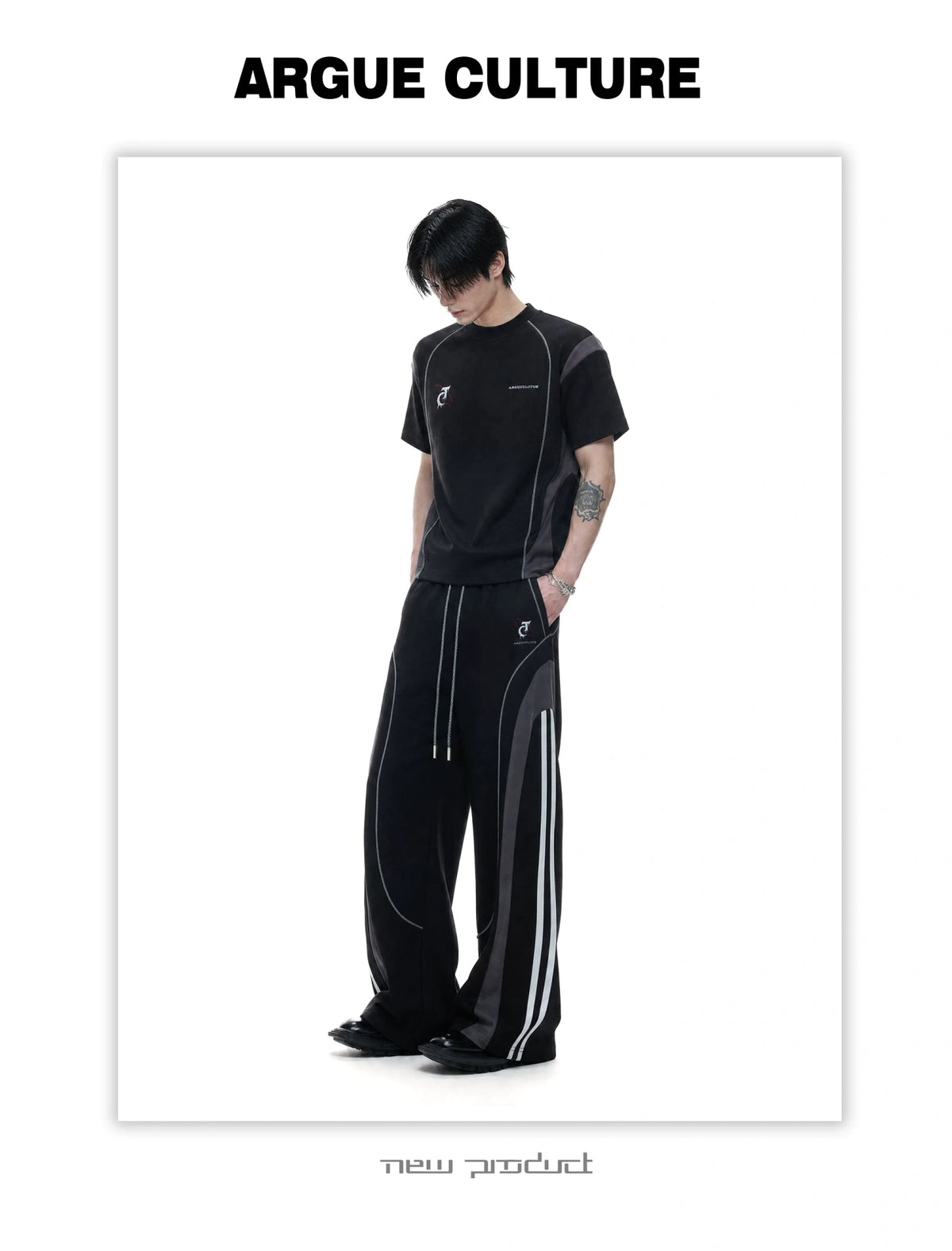 Contrast-Stitched Tee & Straight Pants Set in Black - detail image 4