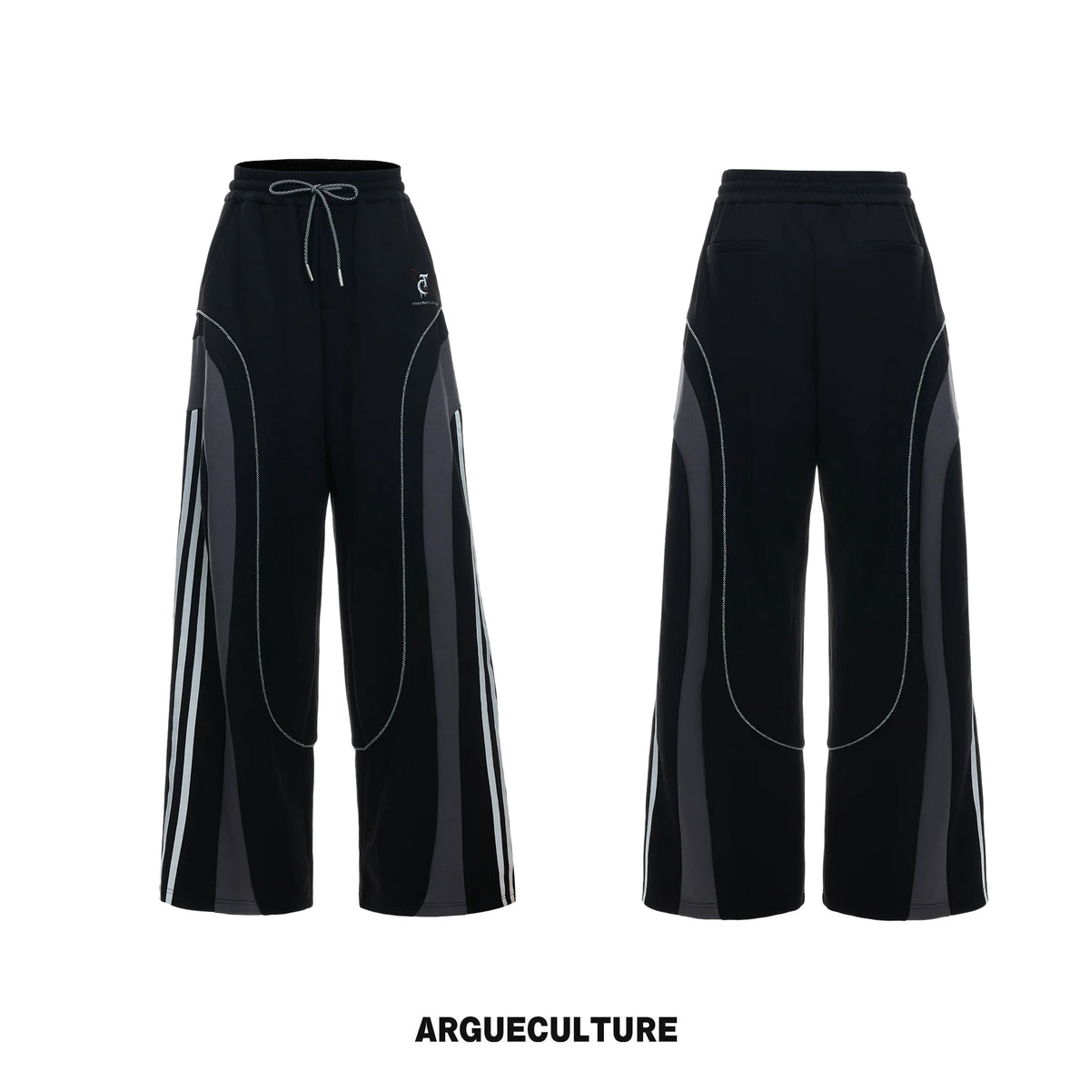 Contrast-Stitched Tee & Straight Pants Set in Black - Black Pants