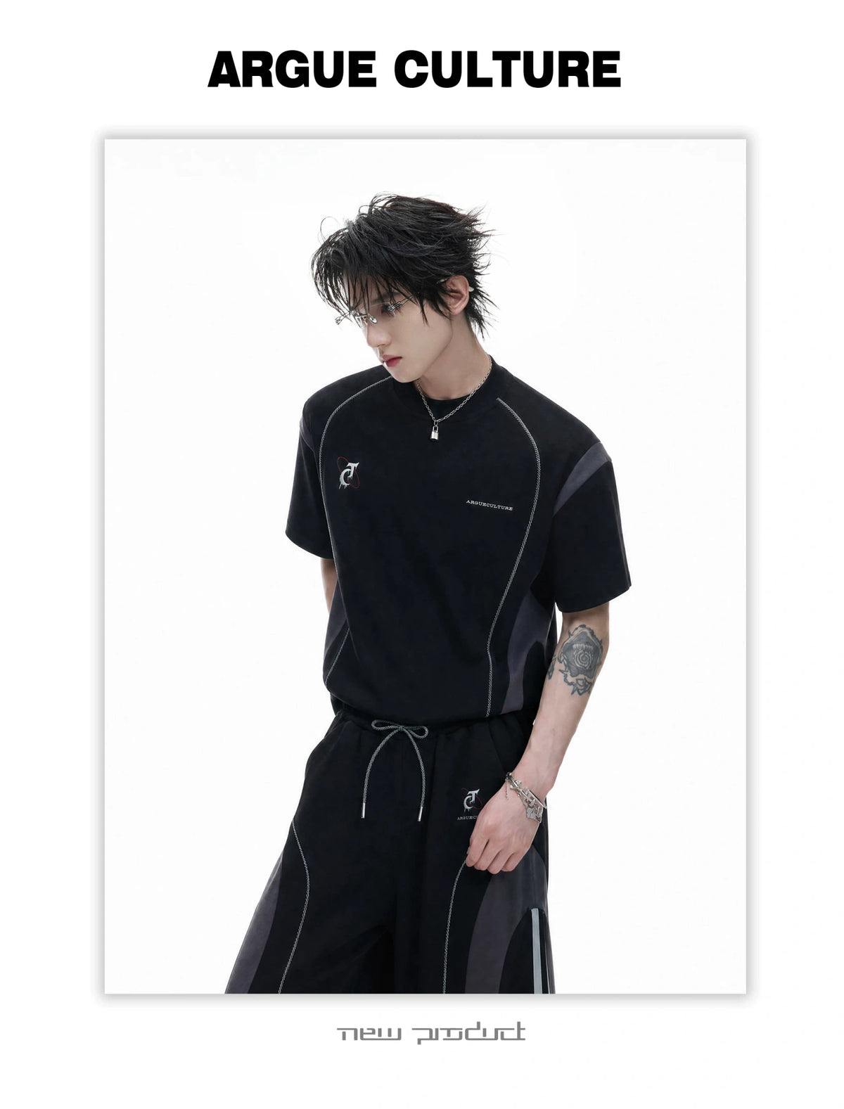 Contrast-Stitched Tee & Straight Pants Set in Black - detail image 7