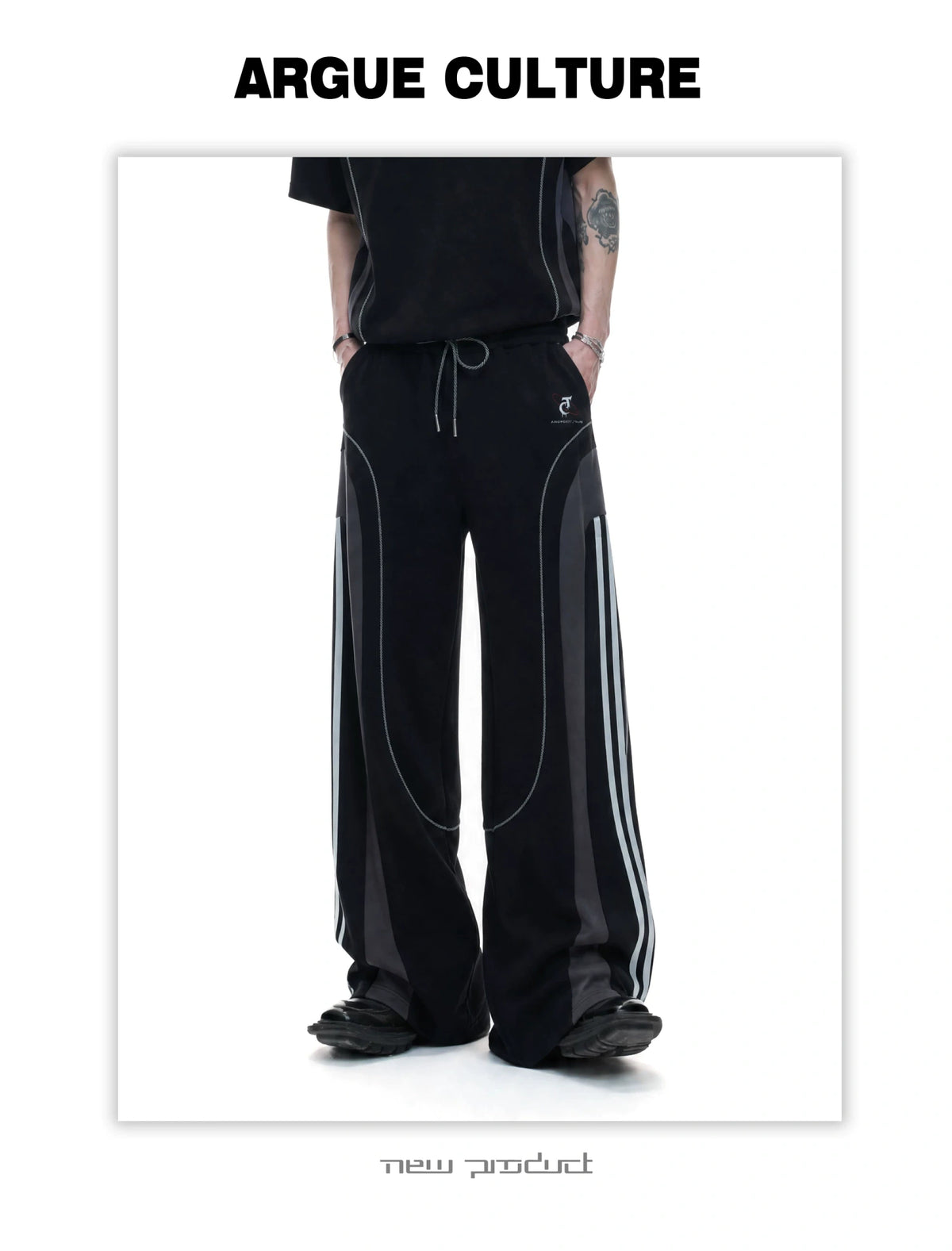 Contrast-Stitched Tee & Straight Pants Set in Black - detail image 12