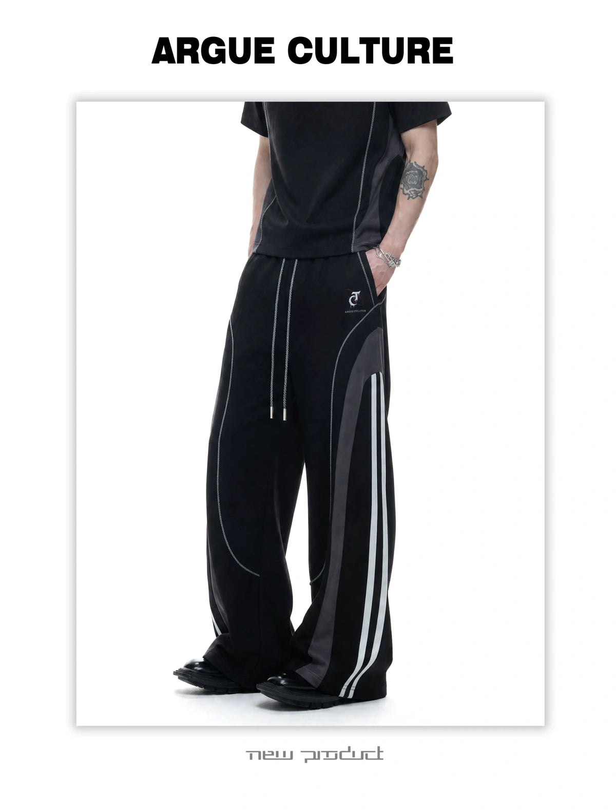 Contrast-Stitched Tee & Straight Pants Set in Black - detail image 10