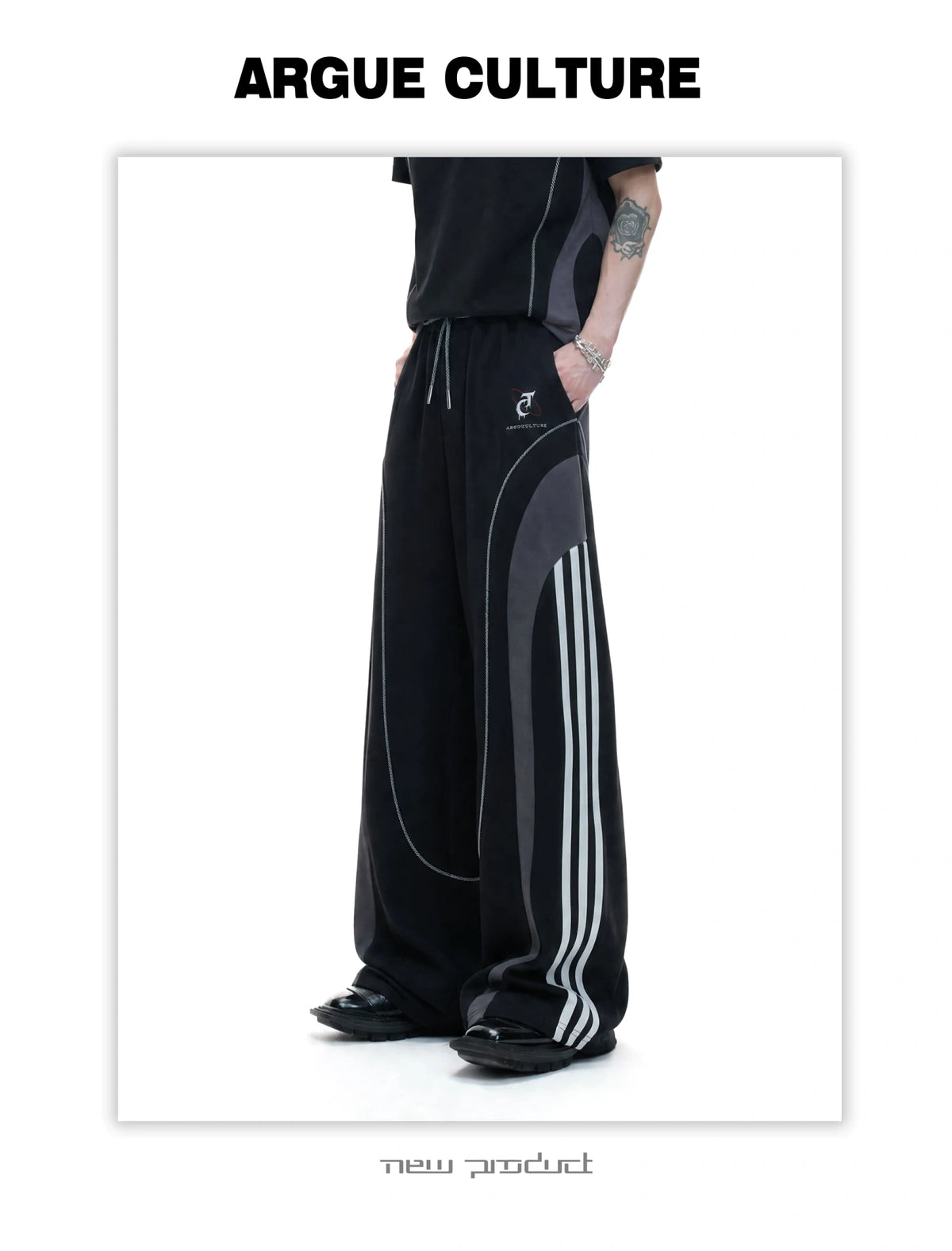 Contrast-Stitched Tee & Straight Pants Set in Black - detail image 11