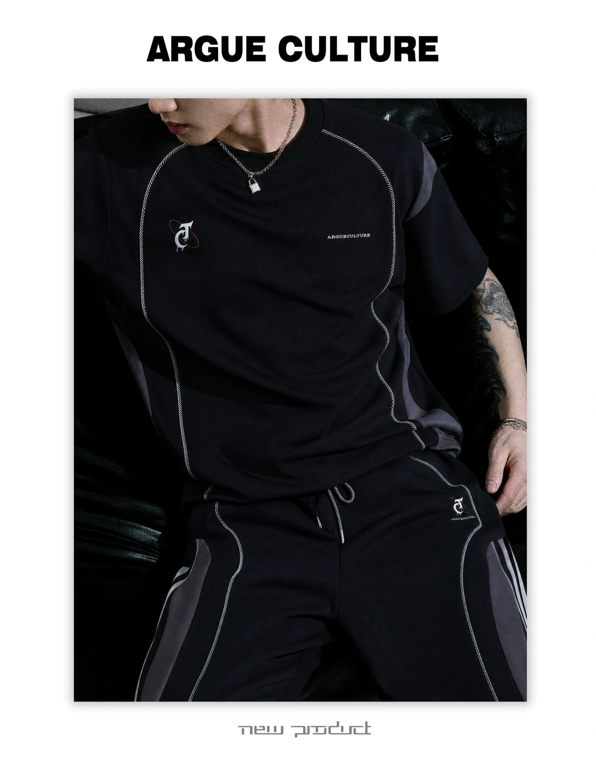 Contrast-Stitched Tee & Straight Pants Set in Black - detail image 8