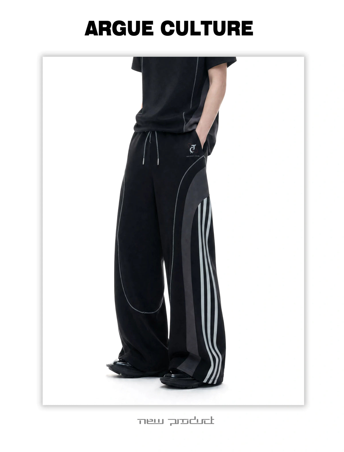 Contrast-Stitched Tee & Straight Pants Set in Black - detail image 9