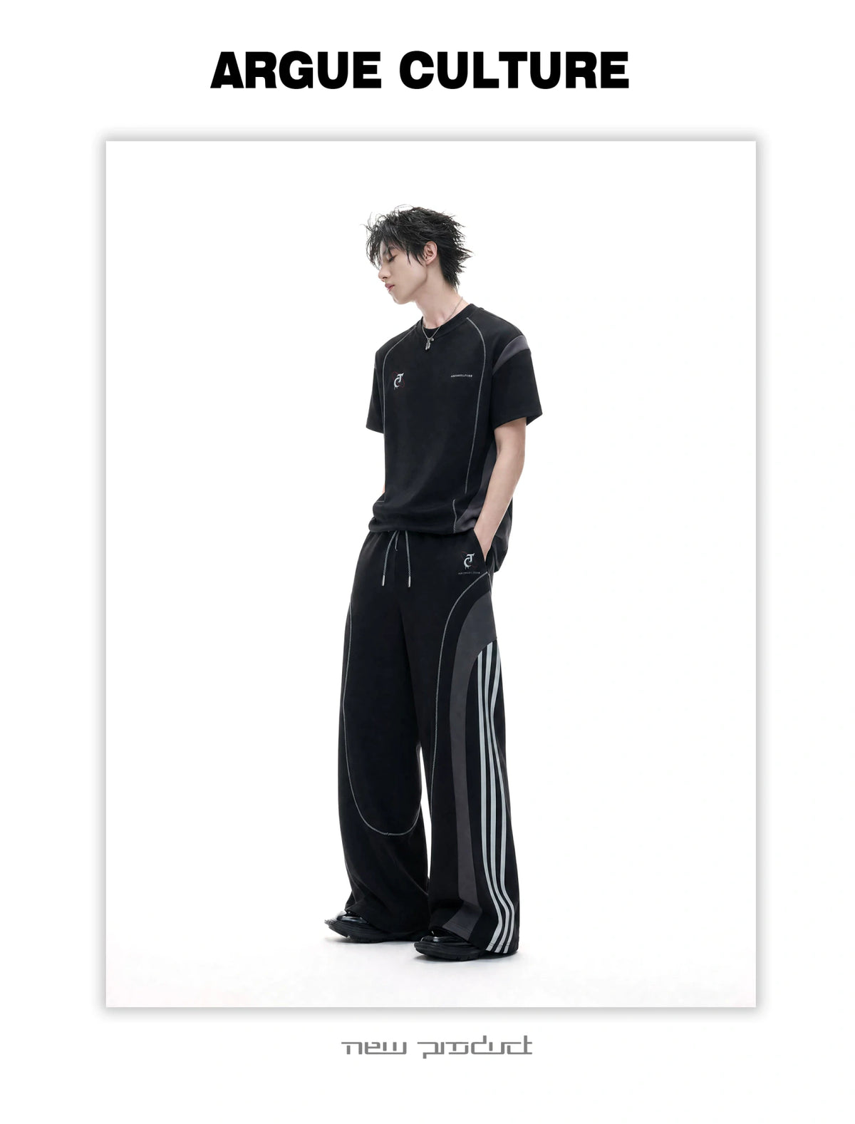 Contrast-Stitched Tee & Straight Pants Set in Black - detail image 3