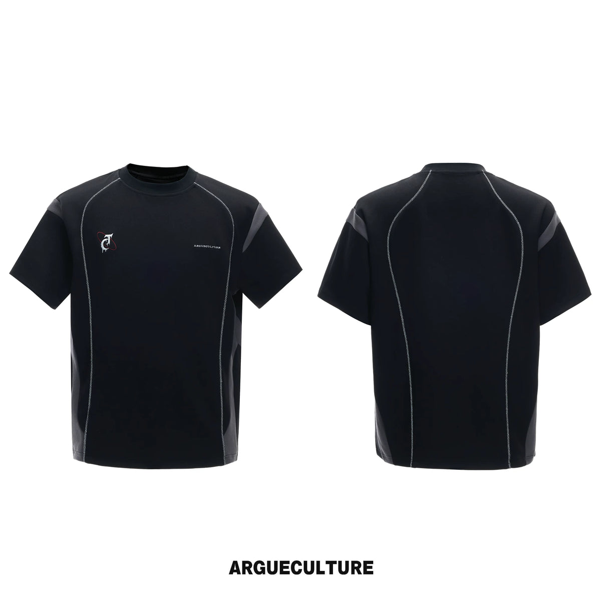Contrast-Stitched Tee & Straight Pants Set in Black - Black Top