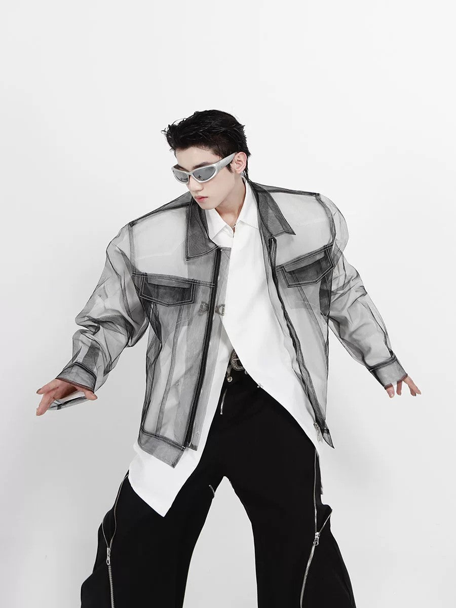 Back view of loose fit mesh punk streetwear jacket for men