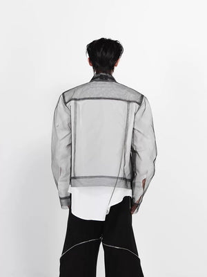 Close up of contrast stitching and deconstructed details on mesh jacket