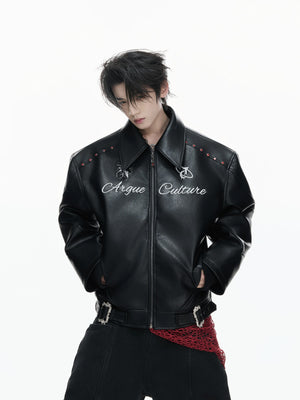 Front view of unisex black cracked faux leather moto jacket with layered design