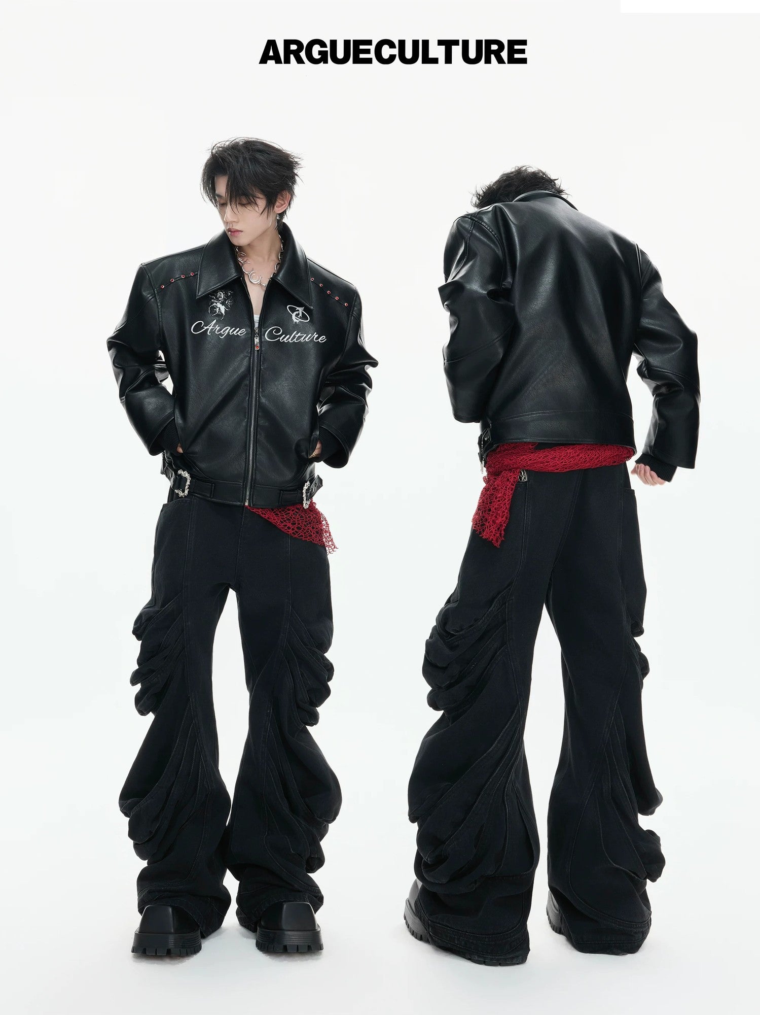 Back view of the loose-fit streetwear leather jacket showing clean silhouette