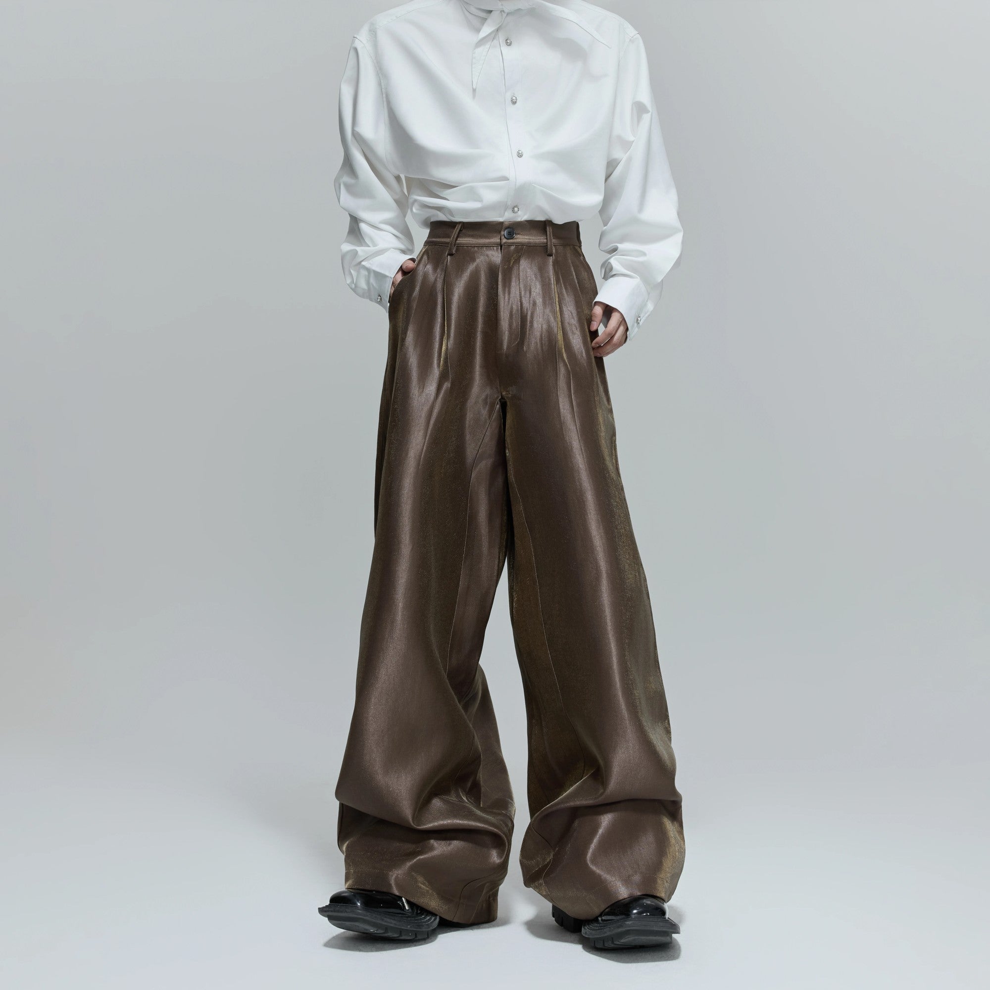 Black heavyweight crinkle wide-leg streetwear pants front view