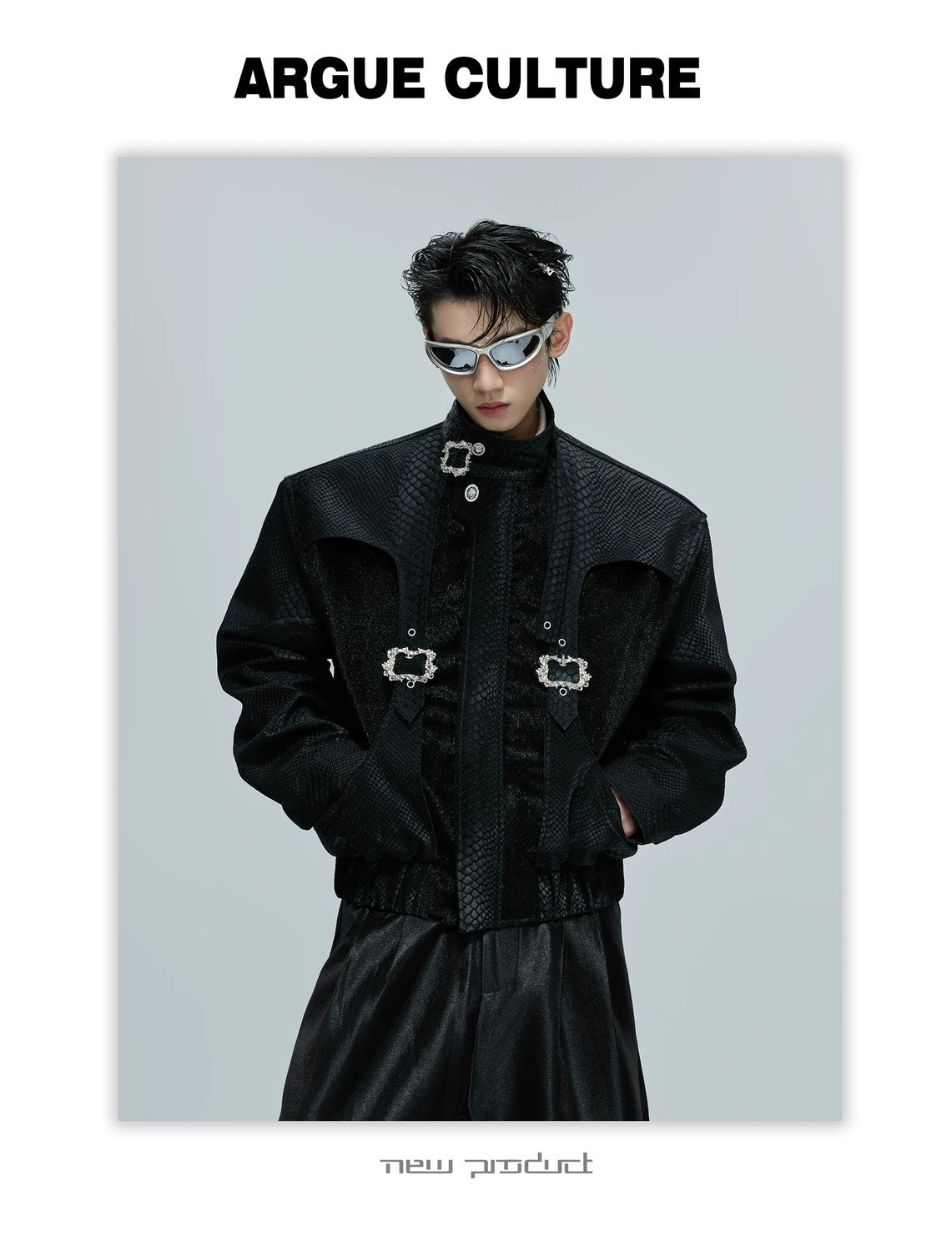desc::croc-embossed-cropped-moto-jacket-with-metal-accents-detail-img-2
