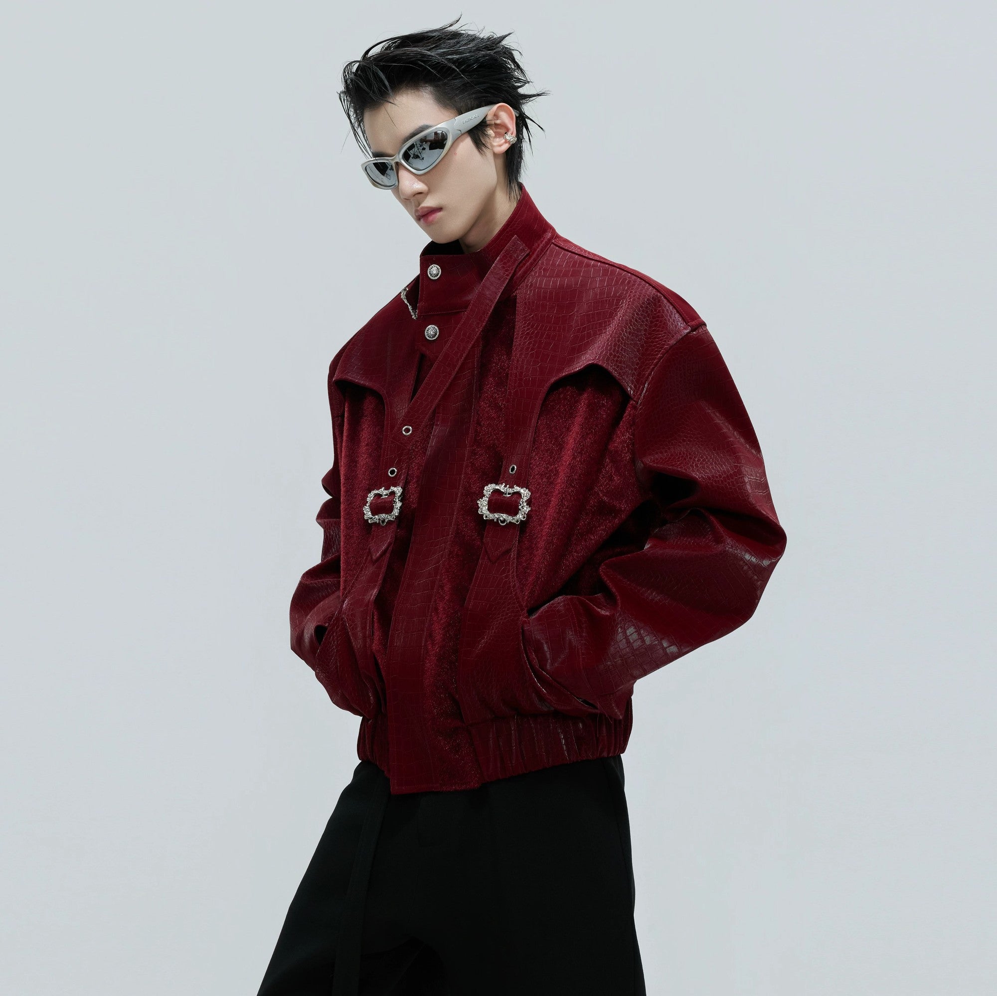Red croc-embossed cropped moto jacket with metal hardware front view